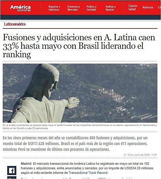 Fusiones y adquisiciones en A. Latina caen 33% hasta mayo con Brasil liderando el ranking